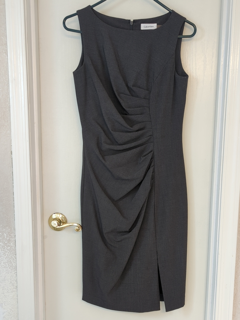 Calvin Klein Dark Charcoal Gray Sleeveless Draped Sheath Midi Dress